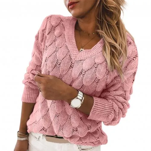 Women's Knit Sweater Autumn Winter Hollow Out Feather Long Sleeve V Neck Pullover Sweater Knitwear Top