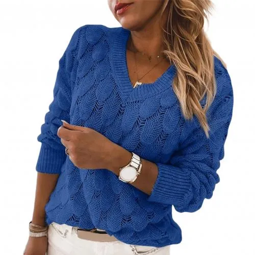 Women's Knit Sweater Autumn Winter Hollow Out Feather Long Sleeve V Neck Pullover Sweater Knitwear Top