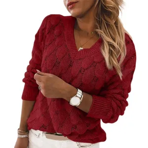 Women's Knit Sweater Autumn Winter Hollow Out Feather Long Sleeve V Neck Pullover Sweater Knitwear Top