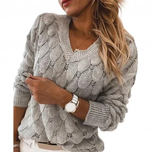 Women's Knit Sweater Autumn Winter Hollow Out Feather Long Sleeve V Neck Pullover Sweater Knitwear Top