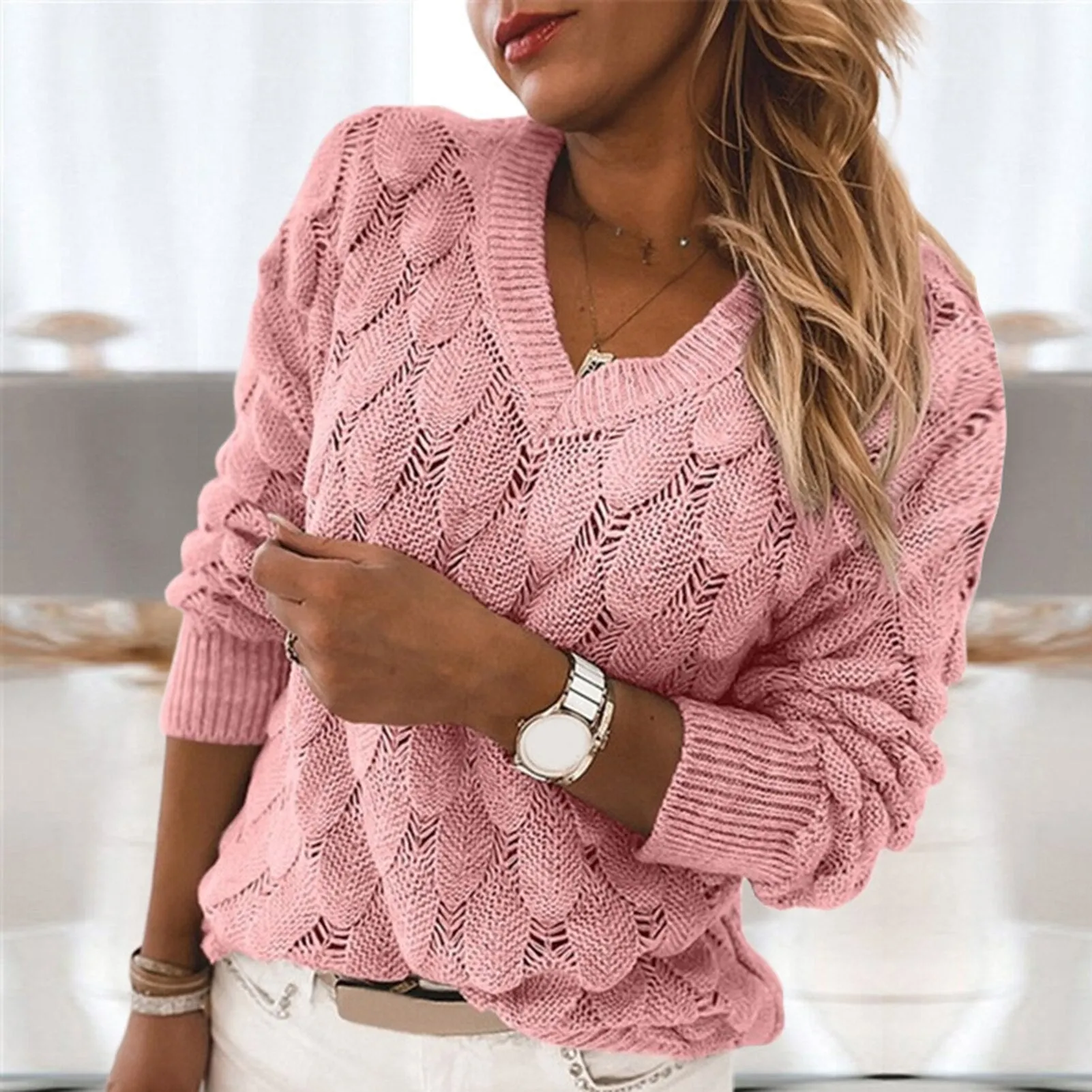 Women's Knit Sweater Autumn Winter Hollow Out Feather Long Sleeve V Neck Pullover Sweater Knitwear Top