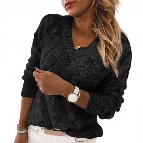 Women's Knit Sweater Autumn Winter Hollow Out Feather Long Sleeve V Neck Pullover Sweater Knitwear Top