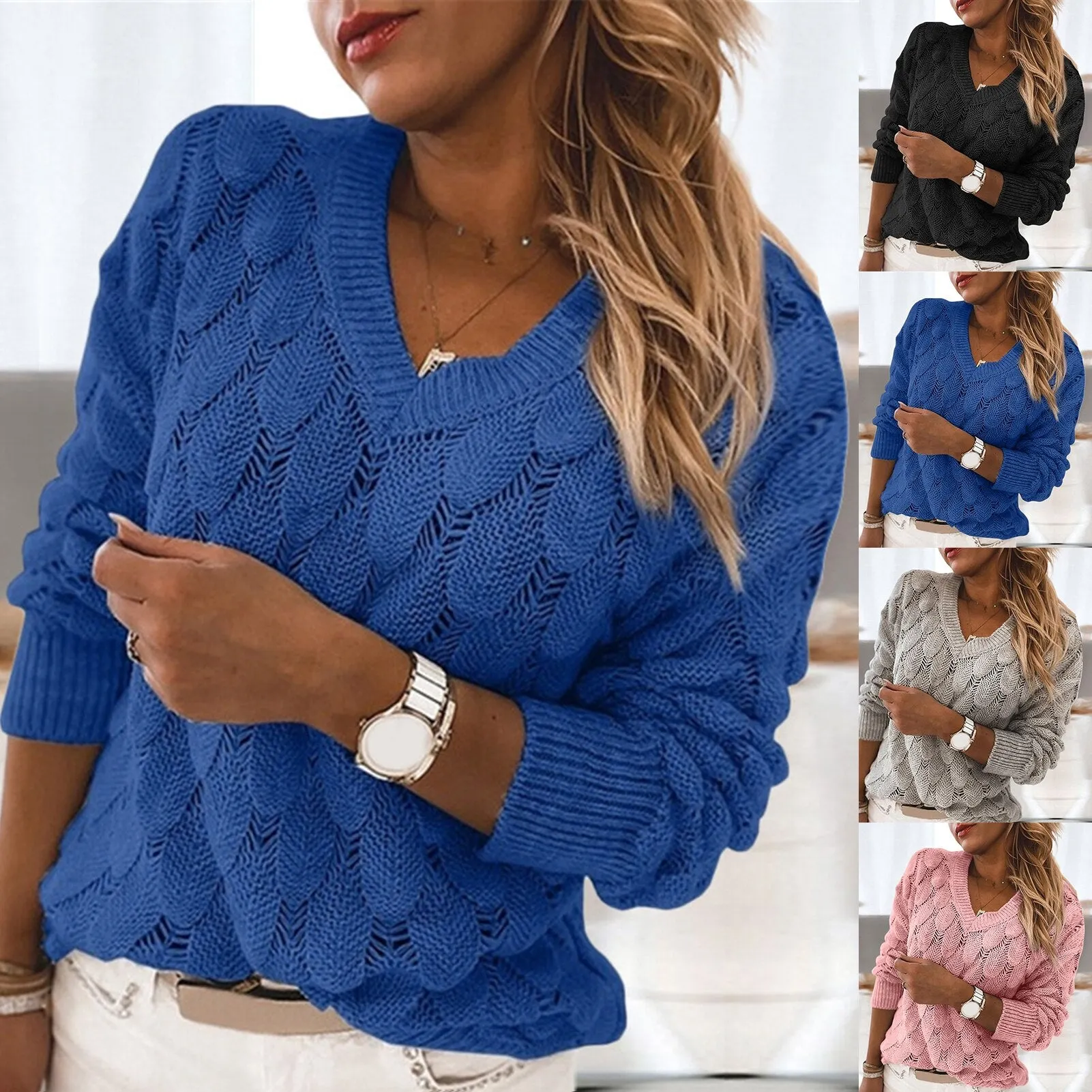 Women's Knit Sweater Autumn Winter Hollow Out Feather Long Sleeve V Neck Pullover Sweater Knitwear Top