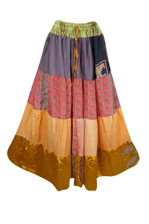 Women's Long Skirt, Red Floral Patchwork Boho Stylish Skirts S/M/L