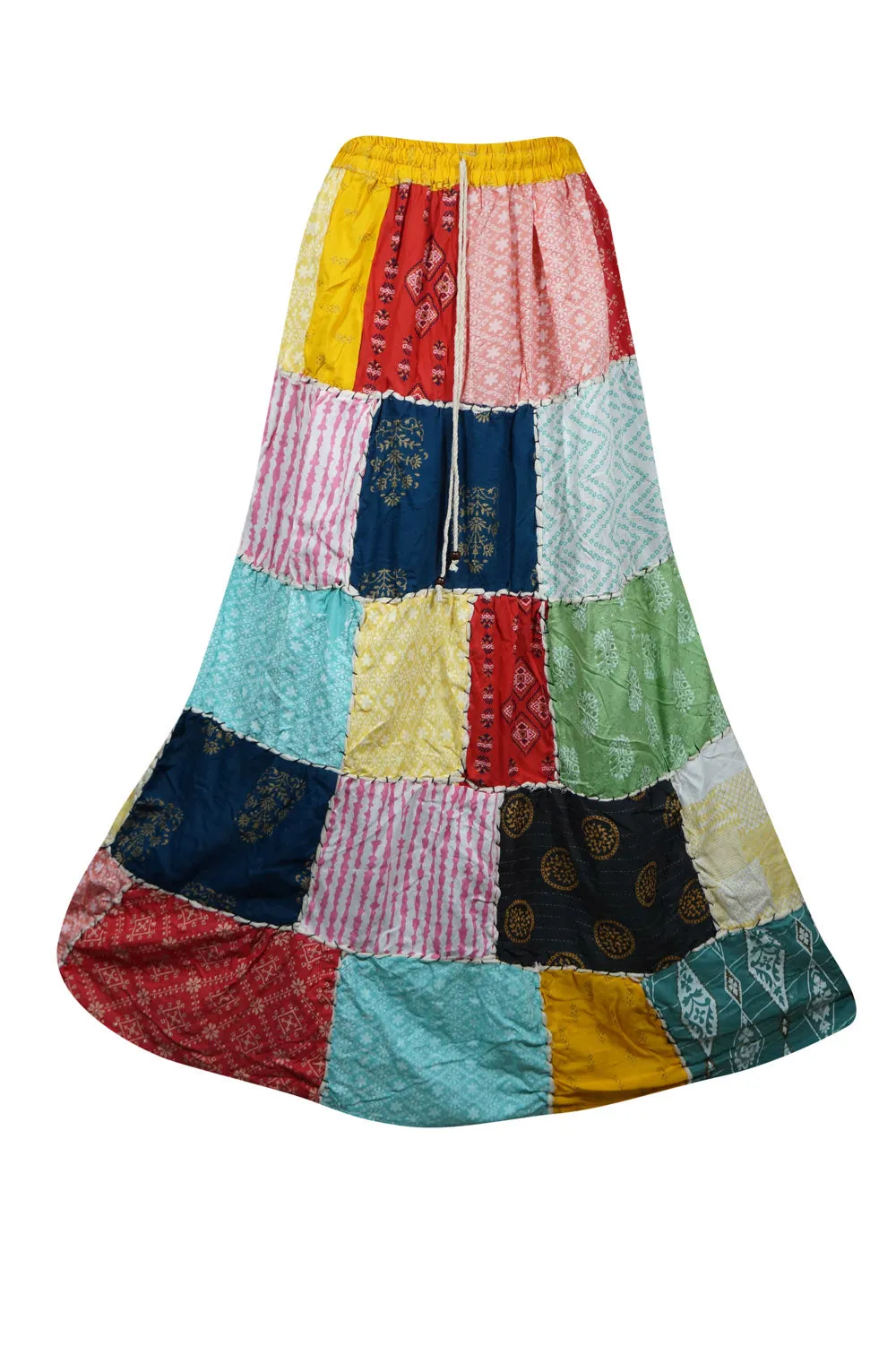 Womens Maxi Skirt Red Patchwork Skirts Retro Festive Hippie Skirts S/M