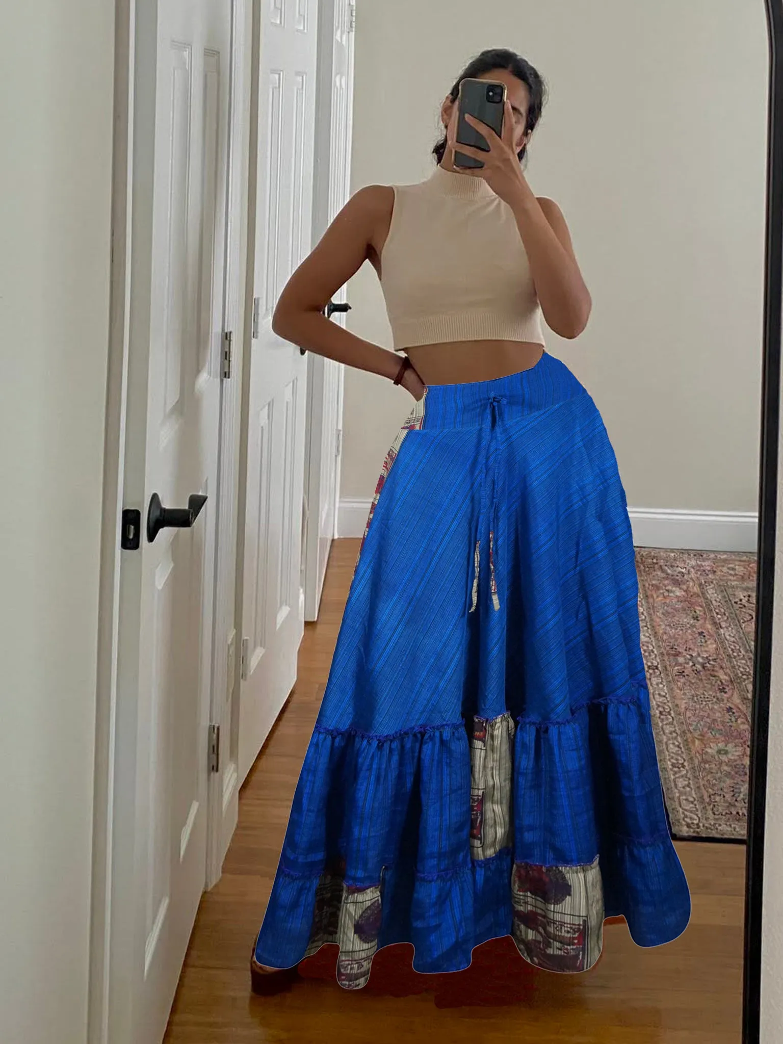 Women's Neon Blue Stylish Maxi Skirt Tiered Ruffle Boho Skirt ML