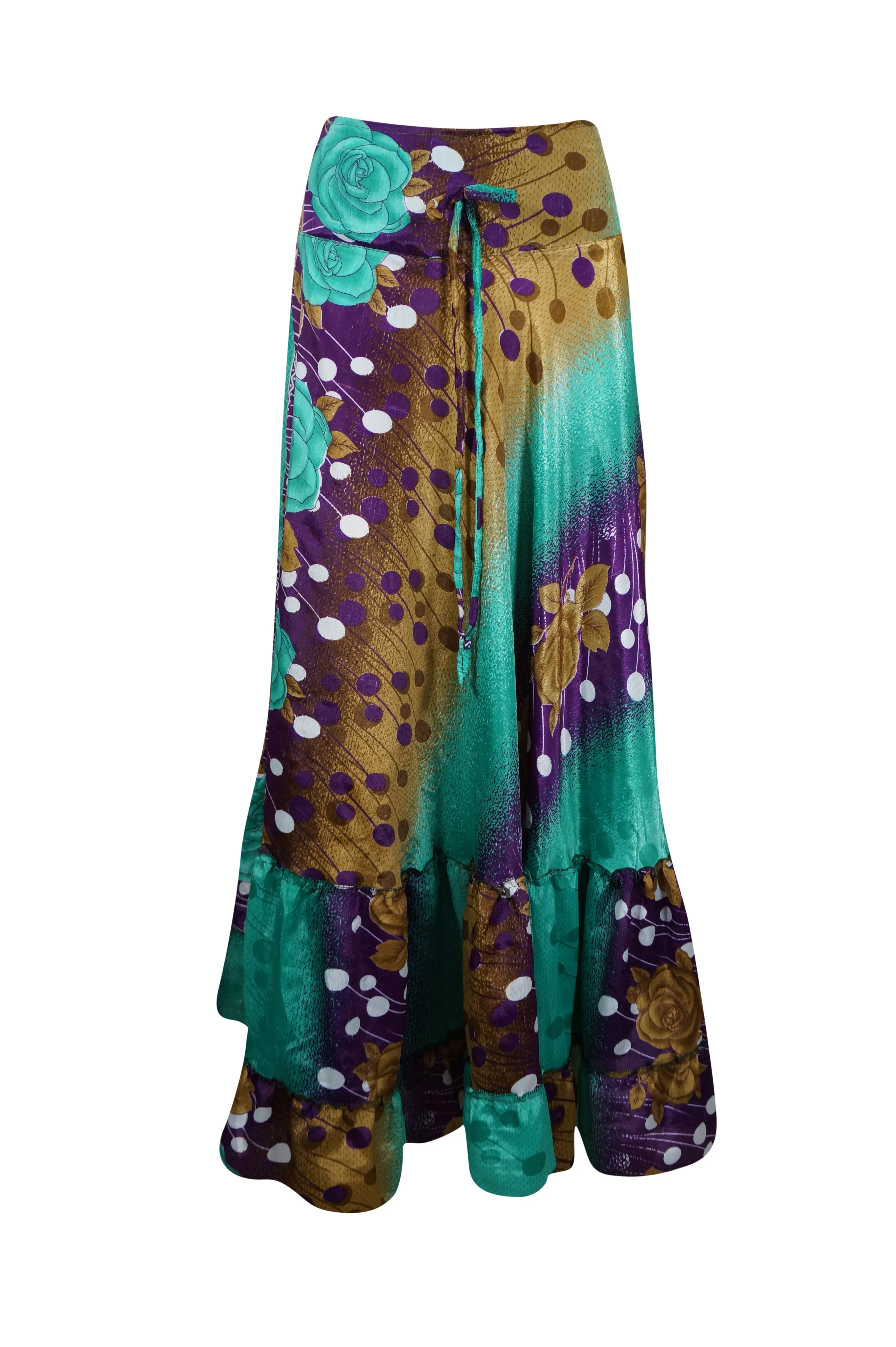 Womens Sea Green Floral Beach Maxi Skirt Tiered Ruffle Boho Skirt ML