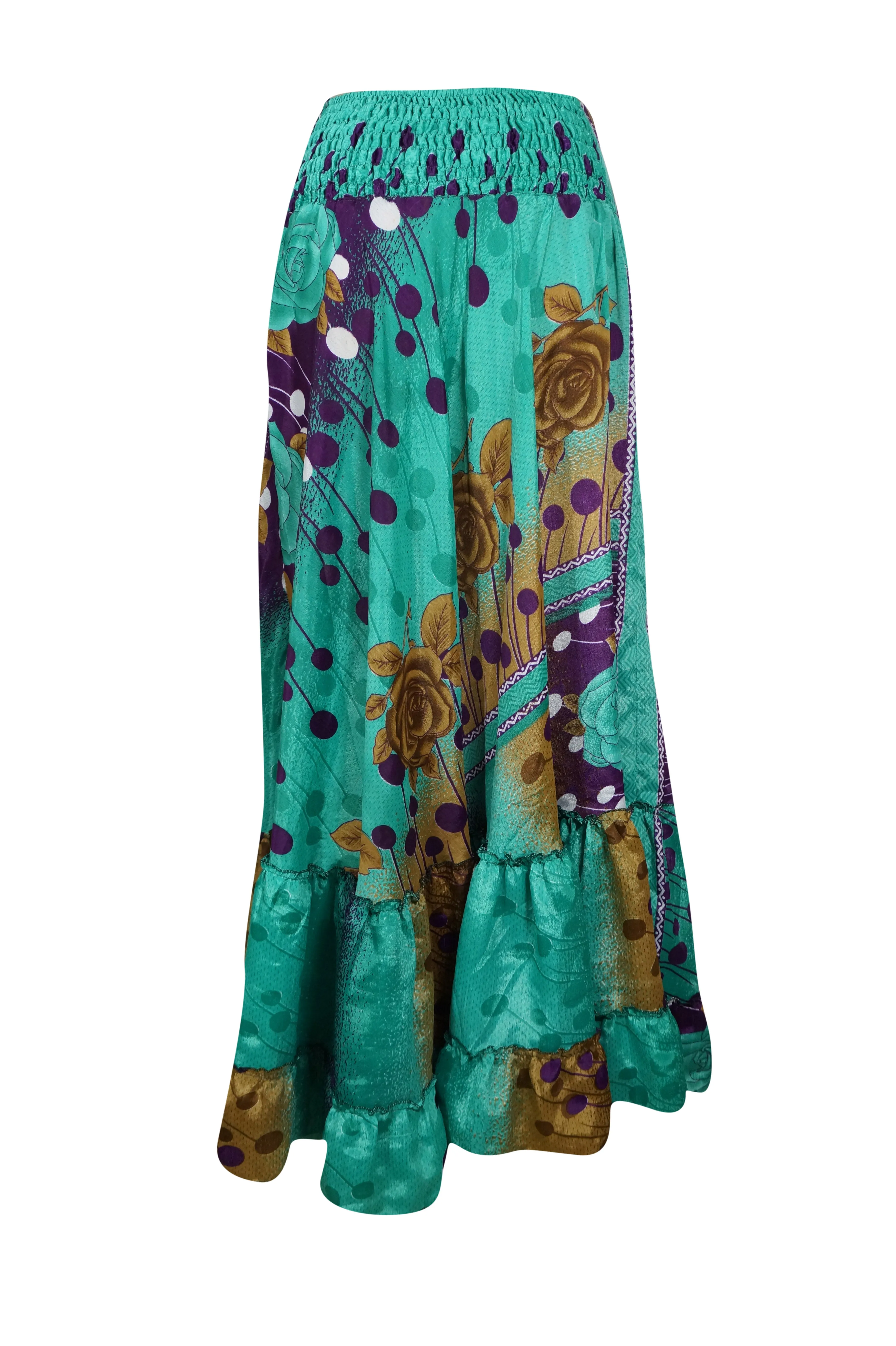 Womens Sea Green Floral Beach Maxi Skirt Tiered Ruffle Boho Skirt ML
