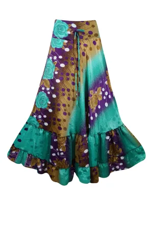 Womens Sea Green Floral Beach Maxi Skirt Tiered Ruffle Boho Skirt ML