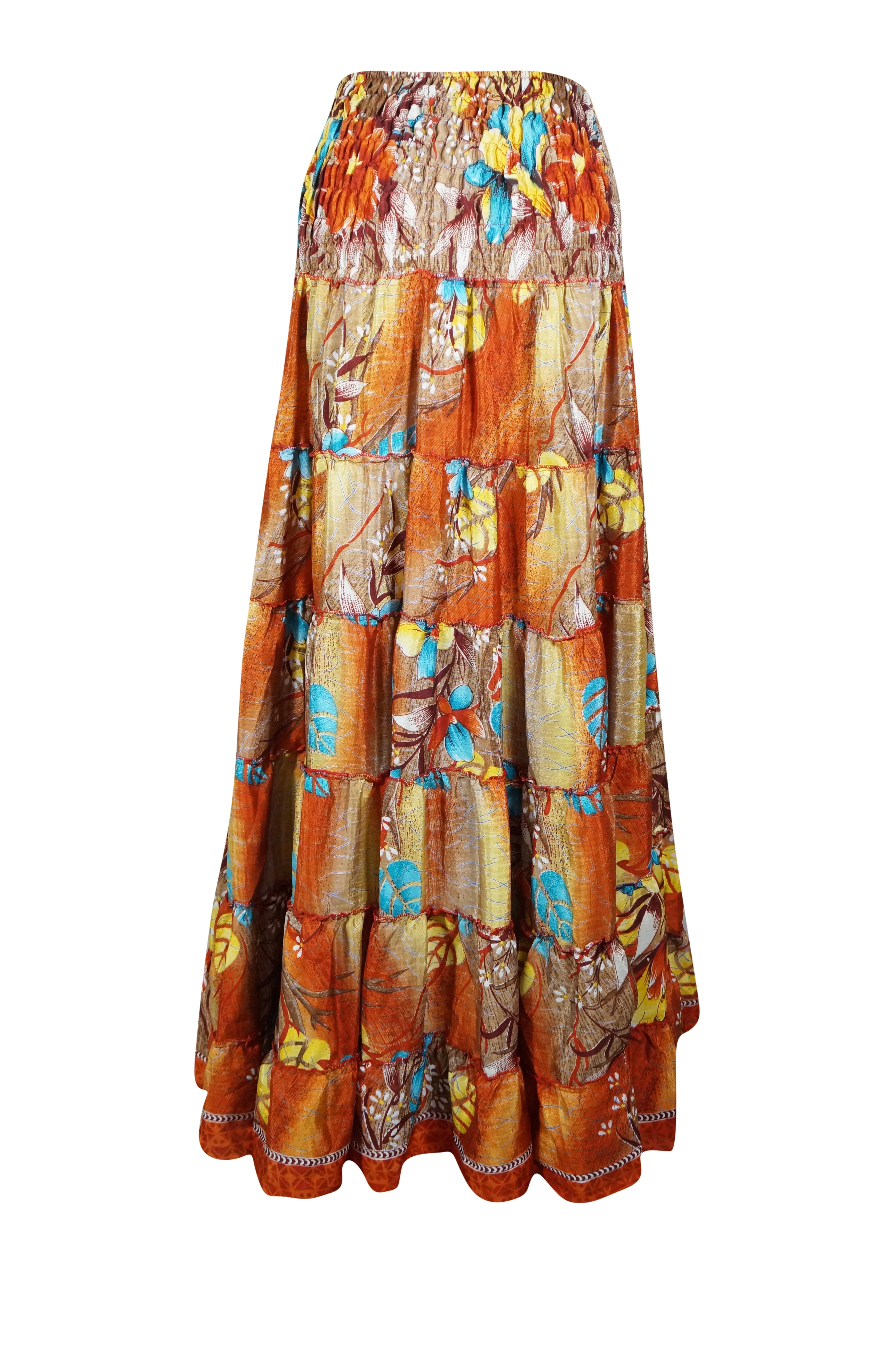 Women's Skirt Fire Orange Floral Beach Maxi Skirt Patchwork Boho Skirt Dress S/M