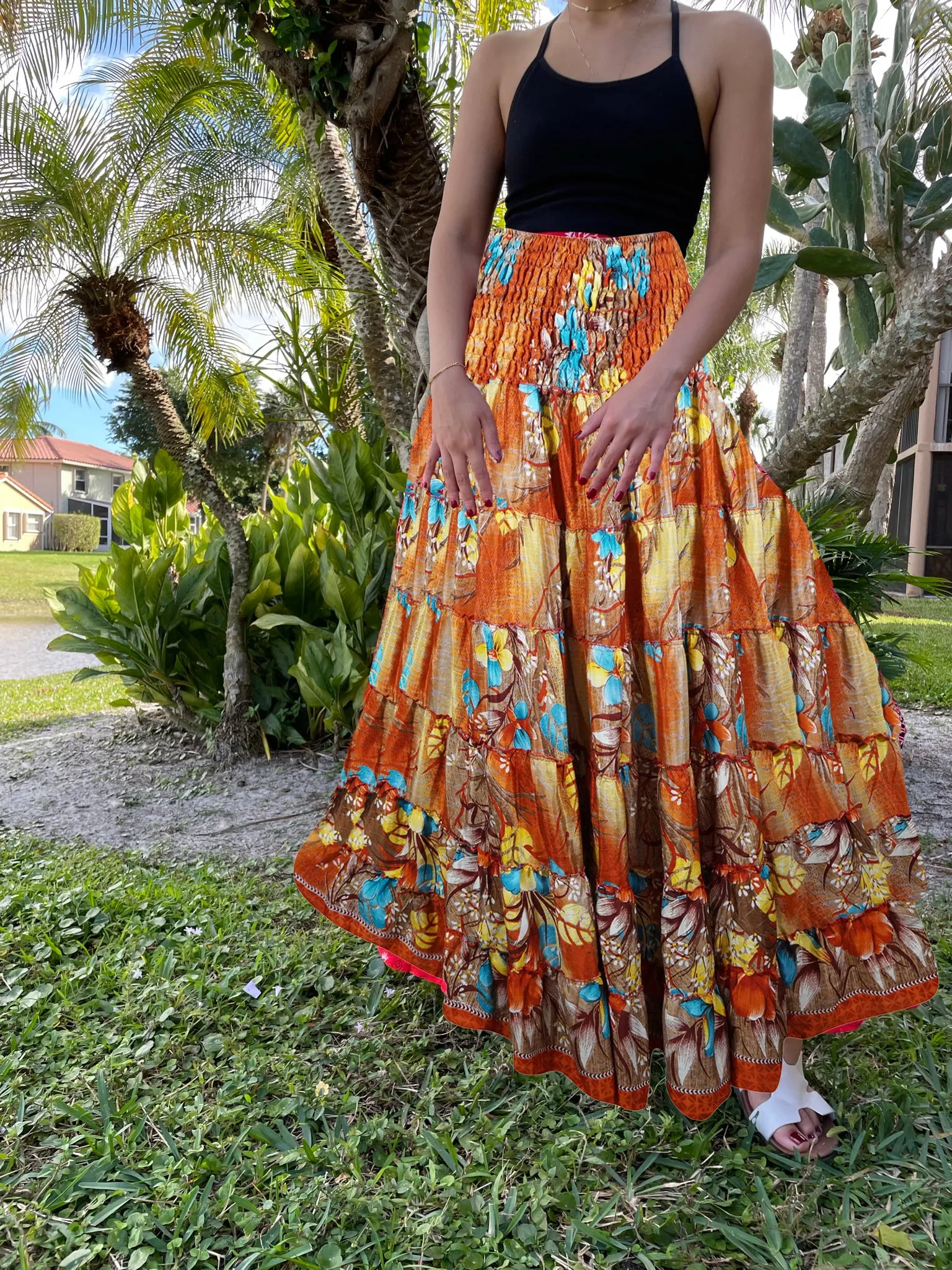 Women's Skirt Fire Orange Floral Beach Maxi Skirt Patchwork Boho Skirt Dress S/M