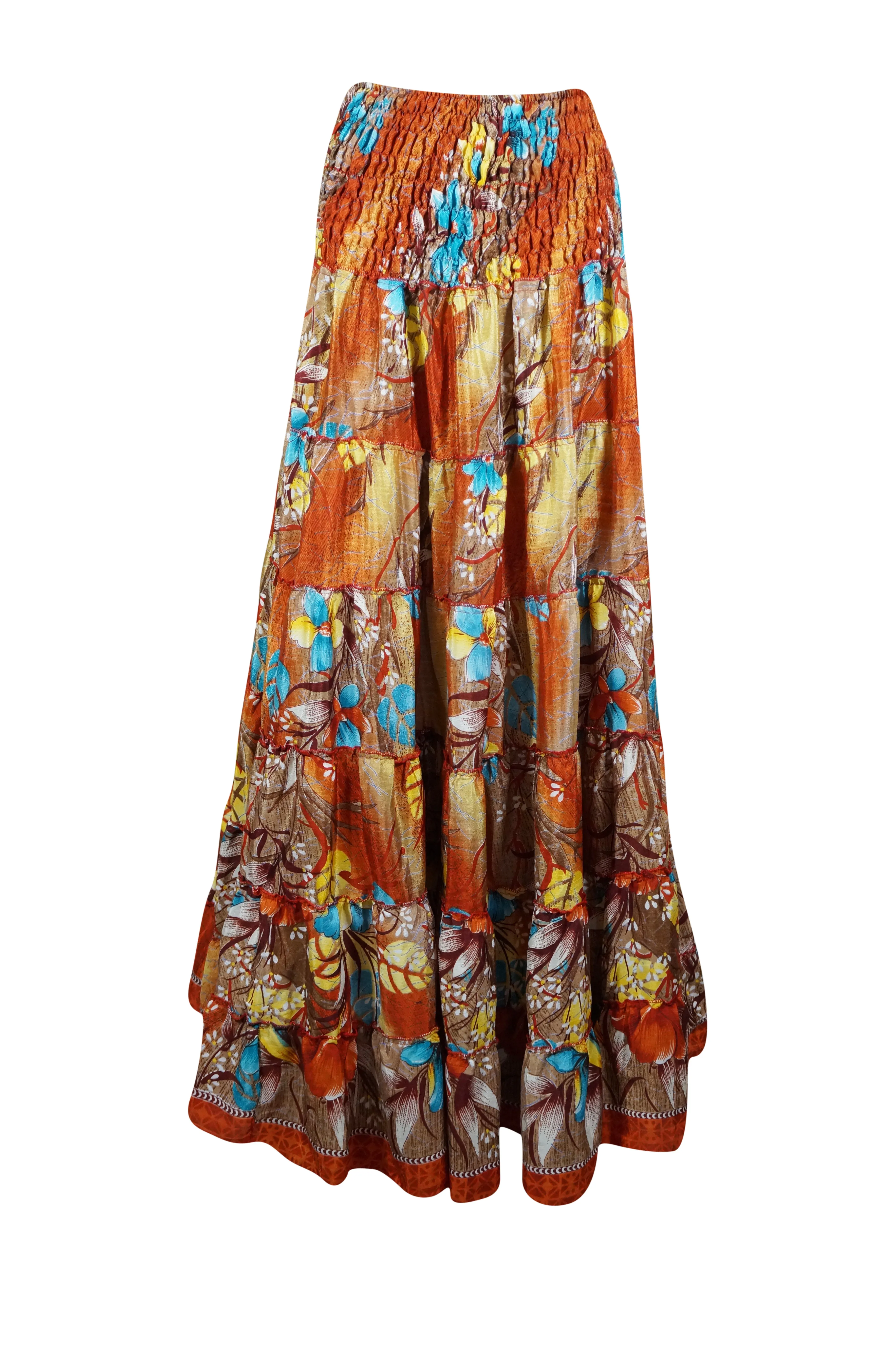 Women's Skirt Fire Orange Floral Beach Maxi Skirt Patchwork Boho Skirt Dress S/M