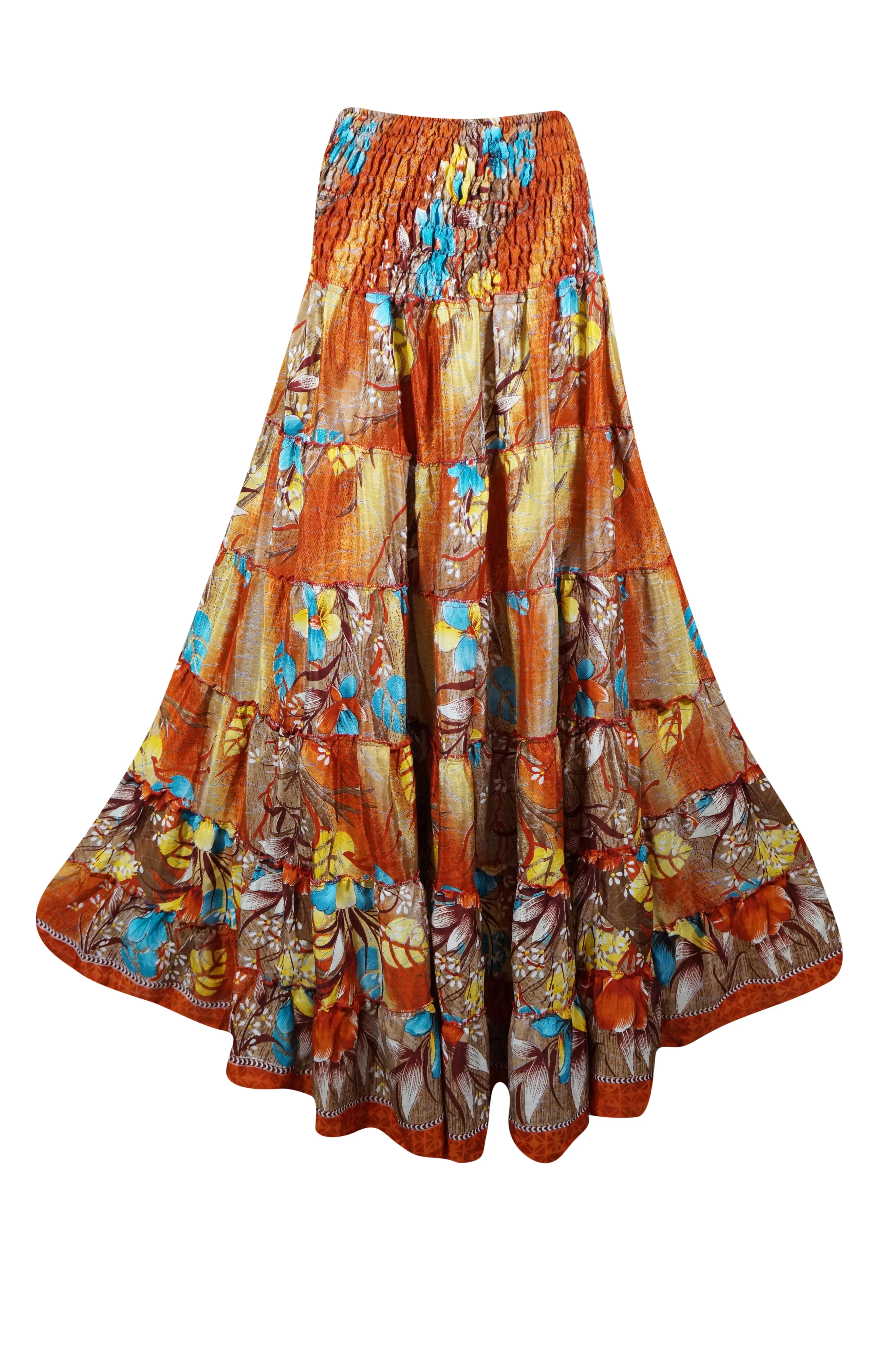 Women's Skirt Fire Orange Floral Beach Maxi Skirt Patchwork Boho Skirt Dress S/M