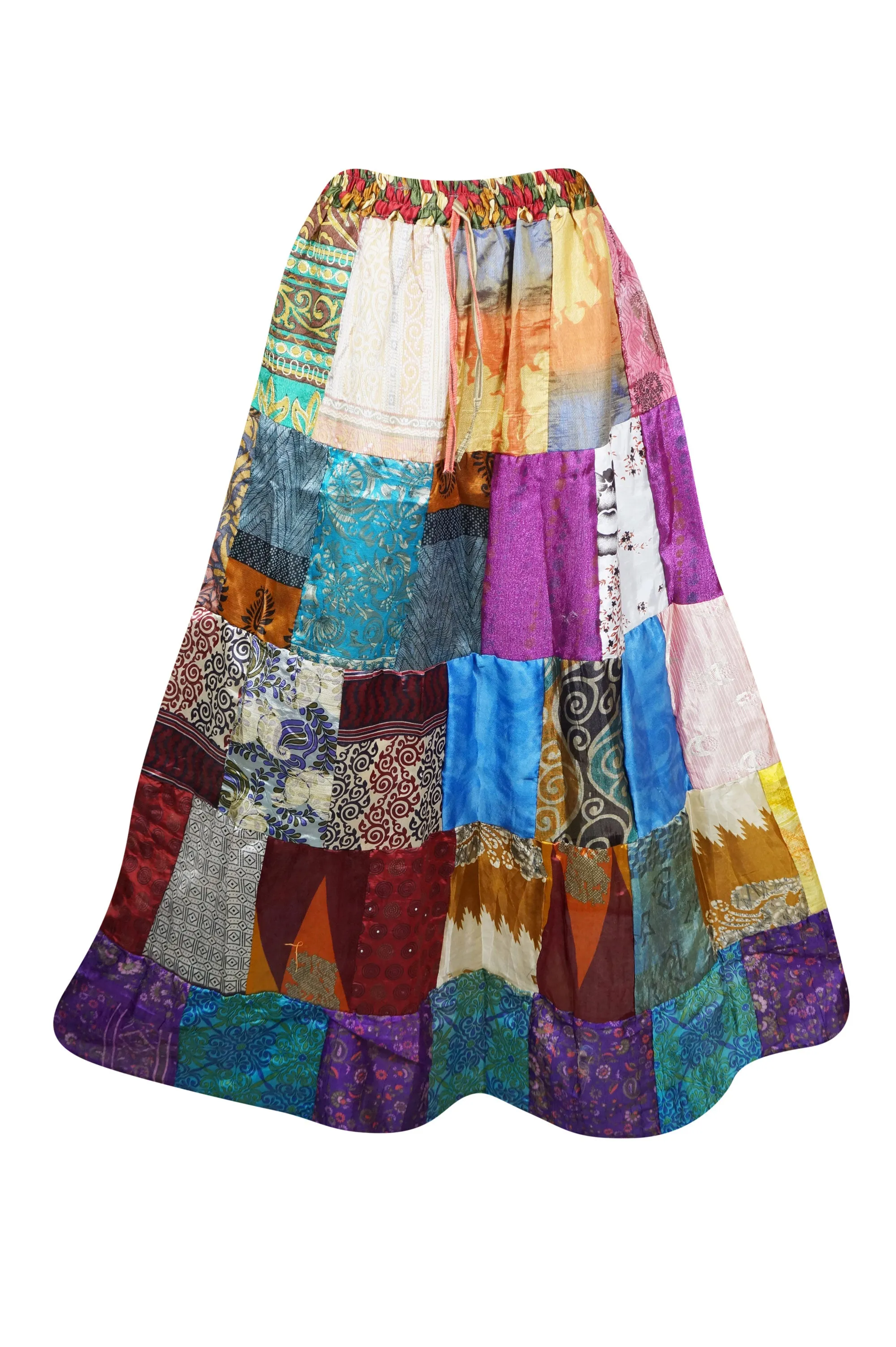 Womens Summer Maxi Skirt, Purple Prelude Patchwork Recycle Silk Sari Flared Skirts S/M/L