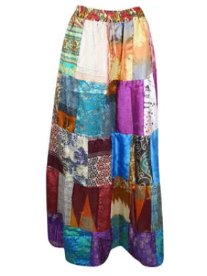 Womens Summer Maxi Skirt, Purple Prelude Patchwork Recycle Silk Sari Flared Skirts S/M/L