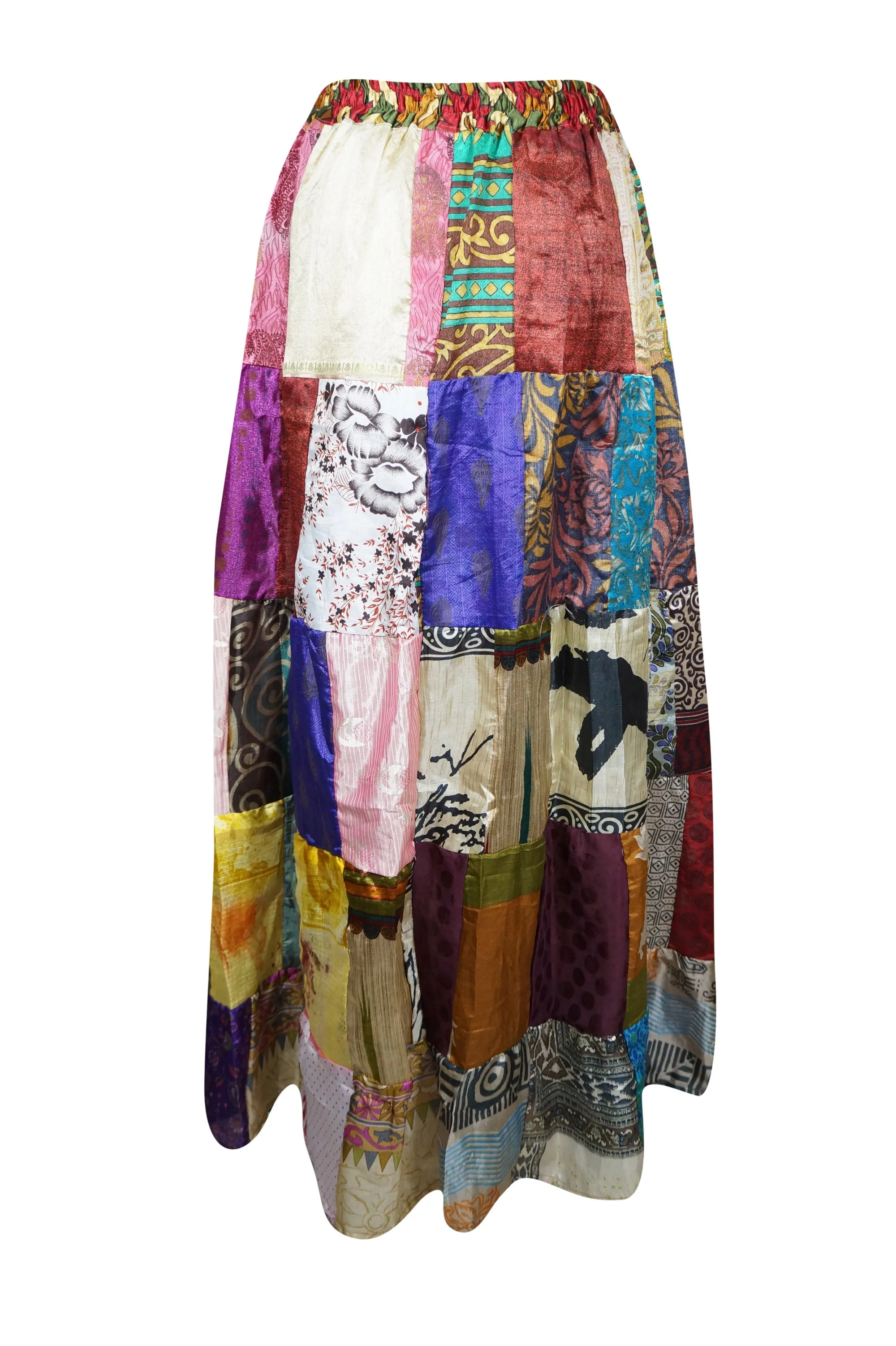 Womens Summer Maxi Skirt, Purple Prelude Patchwork Recycle Silk Sari Flared Skirts S/M/L