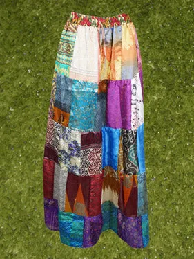 Womens Summer Maxi Skirt, Purple Prelude Patchwork Recycle Silk Sari Flared Skirts S/M/L