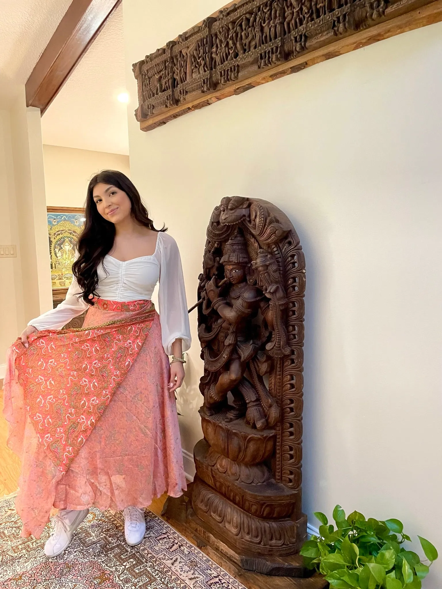 Wrap Long Skirt, Pink Printed skirt, one size