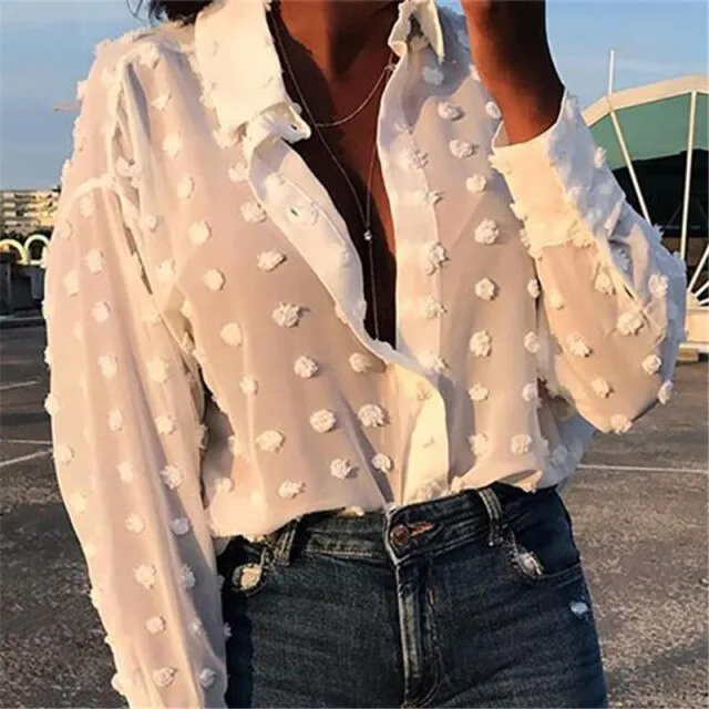 xakxx Womens Tops and Blouses Elegant Long Sleeve chemise femme Polka Dot Loose OL Shirt Ladies Chiffon Blouse Dames blusa feminina