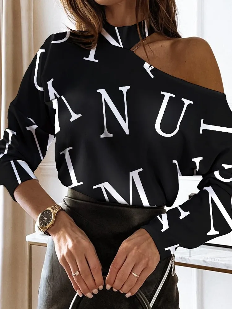xakxx xakxx Autumn outfits Women Elegant Fashion Long Sleeve Blouses Tops Could Shoulder Letter Casual Blouse