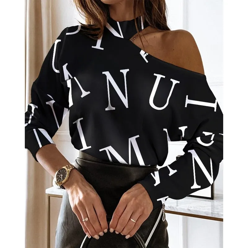 xakxx xakxx Autumn outfits Women Elegant Fashion Long Sleeve Blouses Tops Could Shoulder Letter Casual Blouse