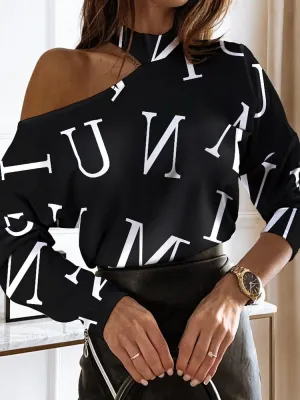 xakxx xakxx Autumn outfits Women Elegant Fashion Long Sleeve Blouses Tops Could Shoulder Letter Casual Blouse