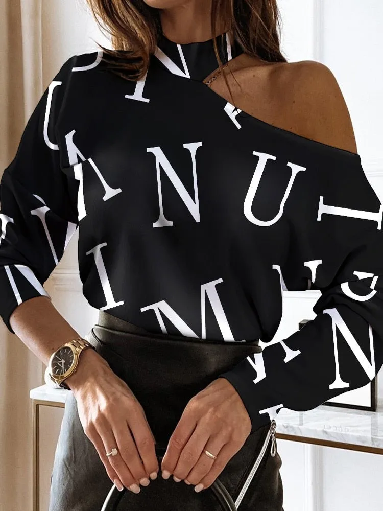 xakxx xakxx Autumn outfits Women Elegant Fashion Long Sleeve Blouses Tops Could Shoulder Letter Casual Blouse