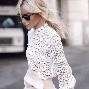 xakxx xakxx Elegant white lace blouse shirt women lantern sleeve sexy hollow out embroidery patchwork blouses autumn tops female